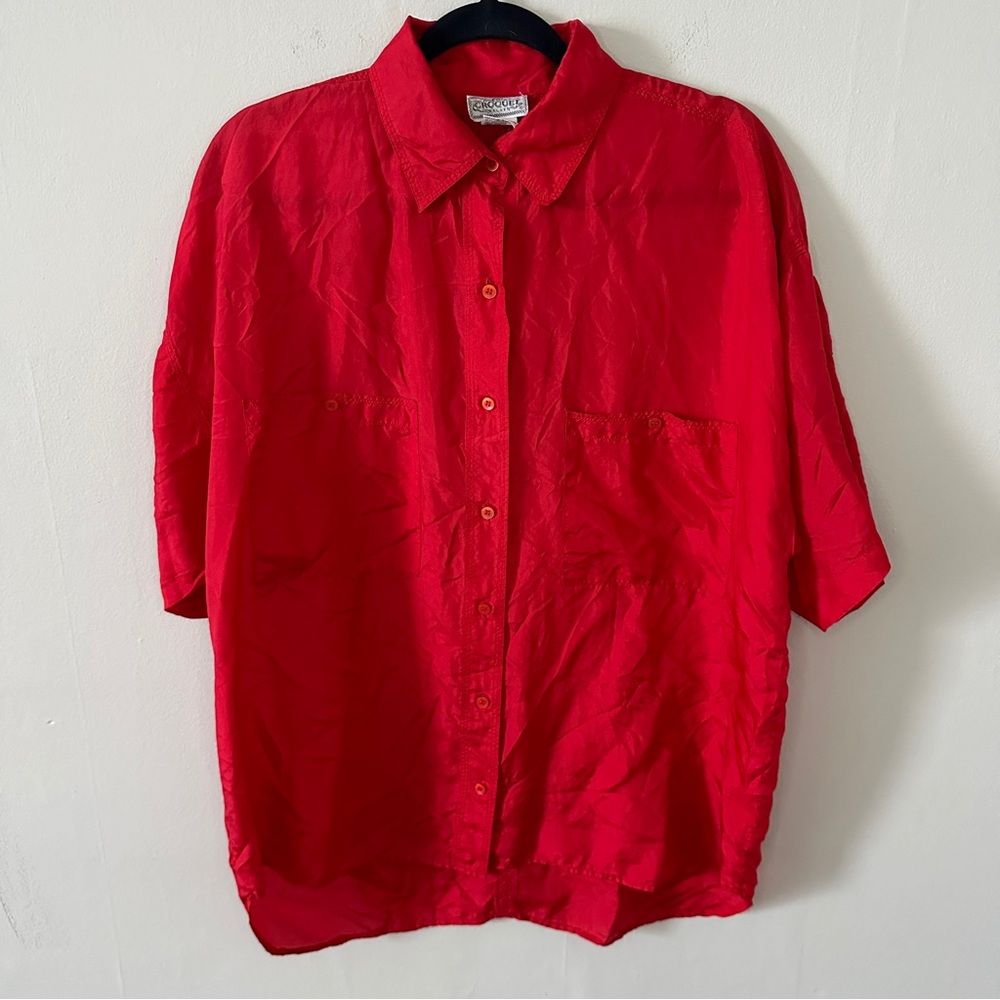 Vintage Croquet Club Silk Button Down Short Sleeve Shirt in red, size M-XL